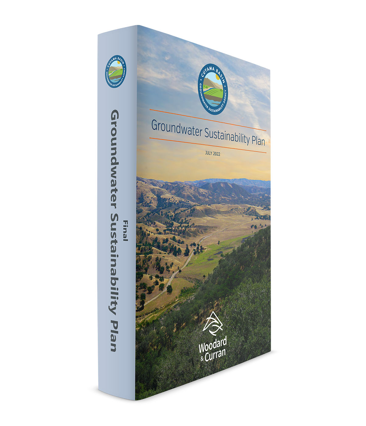 Printed version of Cuyama Basin GSP report standing on white background