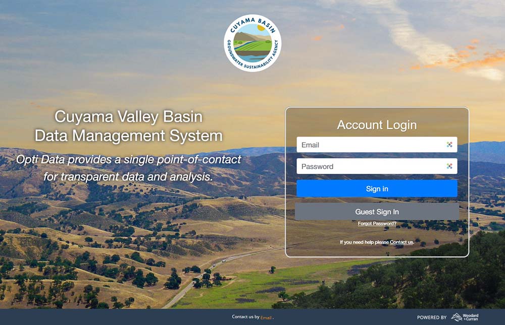 Screenshot of the CBGSA Opti data management system login page