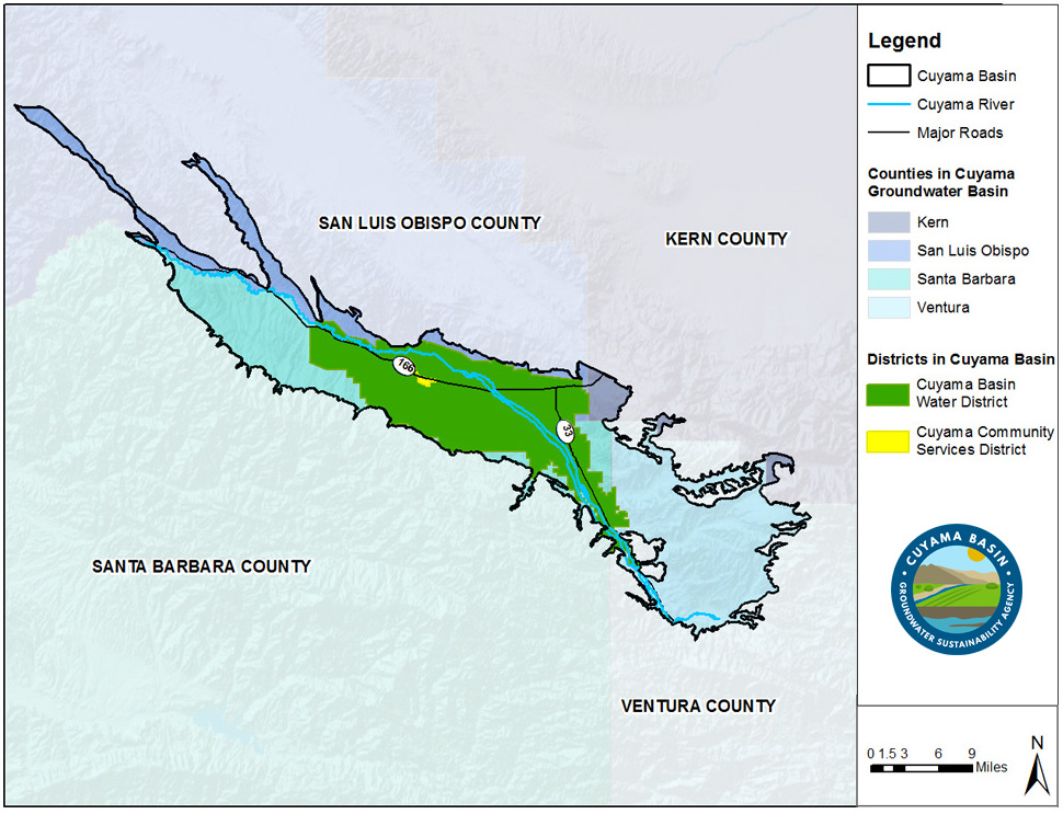 map showing the Cuyama groundwater basin and the different counties that intersect within its boundaries